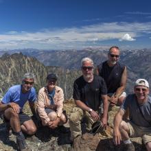 Entire team on summit of Pyramid Mountain - looking North / Northeast.  Lake Chelan 7,000 + feet below!  Photo KG7EJT.